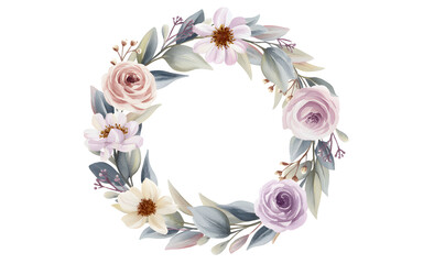 Elegant circular watercolor wreath adorned with soft pink, lavender, and yellow floral elements