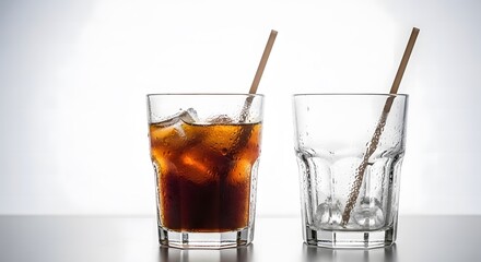 A refreshing cold beverage in a clear glass with ice and a straw stands prominently next to an empty glass, symbolizing enjoyment and the completion of a satisfying drink experience