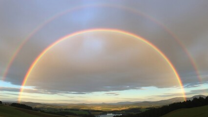 Obraz premium Stunning Full Arc Rainbow Spanning Across a Serene Landscape with Cloudy Sky at Sunset.