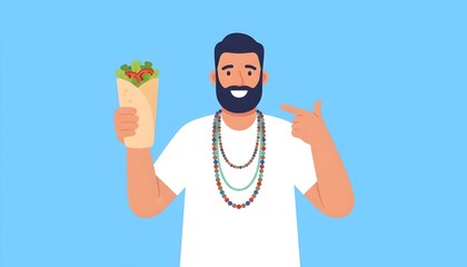 Happy Man Pointing to a Delicious Healthy Wrap, Bearded Guy with Colorful Beads Holding a Kebab, Casual Adult with a Meal