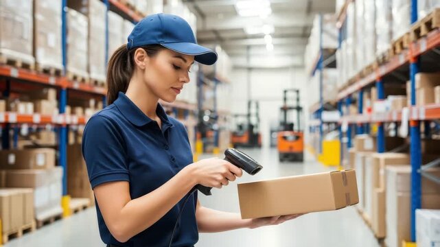 Woman scans a package for inventory management in a large warehouse with many boxes