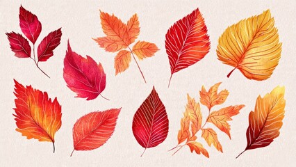Fototapeta premium Watercolor Autumn Leaves Collection - Vibrant Fall Colors and Textures