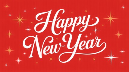 Festive red background with elegant white script wishing happy new year surrounded by sparkling stars