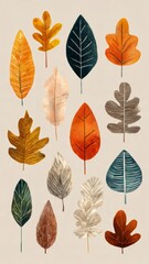 Fototapeta premium Collection of stylized autumn leaves in various colors and textures, presented as flat graphic elements on a neutral background.