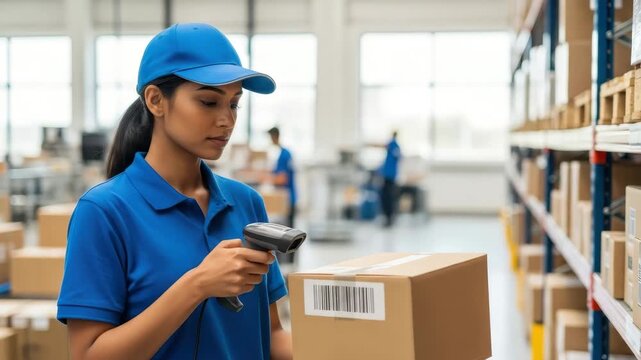 A worker scans a box with a barcode scanner during an afternoon shift in the warehouse