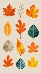Obraz premium Collection of stylized autumn leaves in warm colors, hand-drawn illustration on a beige background, fall season graphic elements