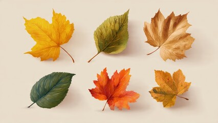 Fototapeta premium Collection of Six Autumn Leaves in Various Colors and Stages of Fall
