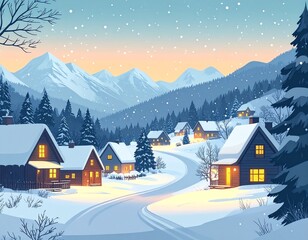 Cozy Christmas Village Vector &ndash; Winter Night Scene