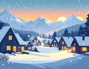 Winter Wonderland Village Illustration &ndash; Snowy Holiday Landscape