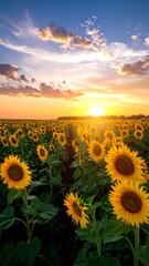 Field of sunflowers bathed in the warm light of a setting sun