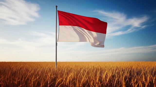 Indonesian Flag Waving in Golden Wheat Field under Sunny Blue Sky, Independence Day