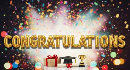 A colorful celebration with confetti, balloons, and a graduation cap on a colorful background.