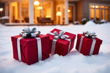 Festive Red Gift Boxes on Snowy Ground Near Cozy Home Setting