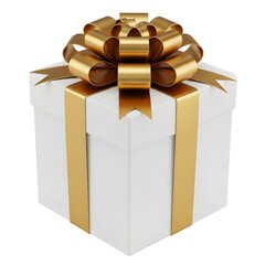 white gift box with golden ribbon PNG isolated on transparent background