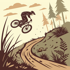 Fototapeta premium BMX Rider Soaring: A BMX rider executing a daring jump on a rugged, winding track, framed by trees, embodying the thrill of outdoor adventure and the precision of skill.