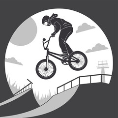 Fototapeta premium BMX Stunt Silhouette: A bold silhouette captures the dynamic energy of a BMX rider executing a daring stunt against a backdrop of clouds and a setting sun. 
