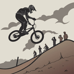 Fototapeta premium BMX Rider Performing a Stunt: A BMX rider fearlessly soars through the air, executing a daring stunt while spectators watch in awe, set against a dynamic landscape that embodies the spirit of action.
