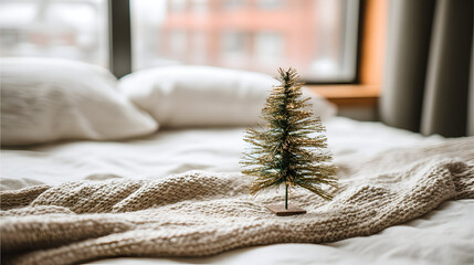 Delicate lights brighten a bedroom with elegant Christmas arrangement softly