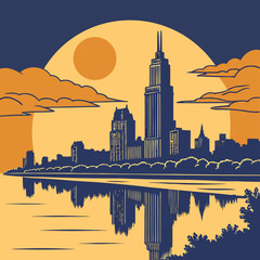 Obraz premium Cityscape Illustration with Reflection: A stylized cityscape in silhouette, set against a warm, sunlit sky, with detailed building reflections in the tranquil water below, showcasing the urban beauty.