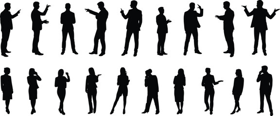 Large set of business people silhouettes standing, gesturing, pointing, explaining, diverse men and women presenting, corporate communication, vector collection.