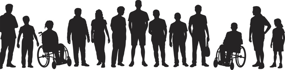 Large, diverse group of anonymous people standing together, prominently featuring two individuals in wheelchairs, symbolizing community, inclusion, and equality.