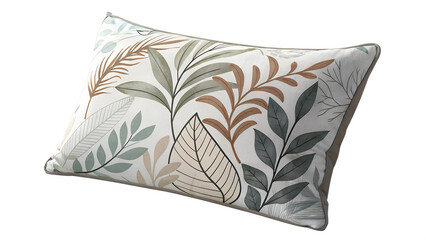 A close up studio shot of a decorative throw pillow featuring a botanical print with various green and brown leaves and branches on a white background perfect for home decor and interior design