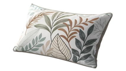 A close up studio shot of a decorative throw pillow featuring a botanical print with various green and brown leaves and branches on a white background perfect for home decor and interior design