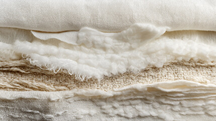 Obraz premium Cloud Dancer Assortment of Neutral Textured Fabrics Layered, Including Frayed, Woven, and Fluffy Materials Colour of the Year 2026