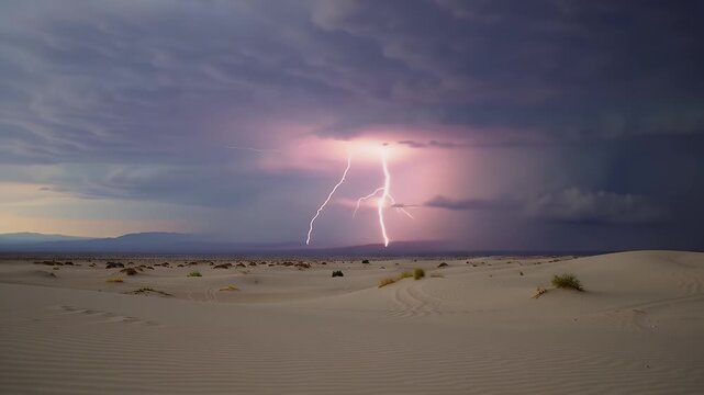 Striking Lightning Bolt Over Vast Desert Dunes Under Stormy Sky