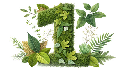A vibrant lush green number one crafted from moss and an assortment of tropical leaves and ferns against a stark black background