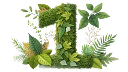 A vibrant lush green number one crafted from moss and an assortment of tropical leaves and ferns against a stark black background