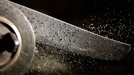 abrasive. Close-up of a grinding wheel sharpening an old knife with flying sparks in an industrial workshop. safety posters.