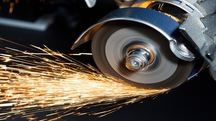 abrasive. Close-up of a grinding wheel sharpening an old knife with flying sparks in an industrial workshop. safety posters.