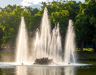 Fountains in a pond, illuminated by sunlight, with green trees in the background