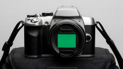 A modern digital camera on top of the black camera bag with a shoulder strap