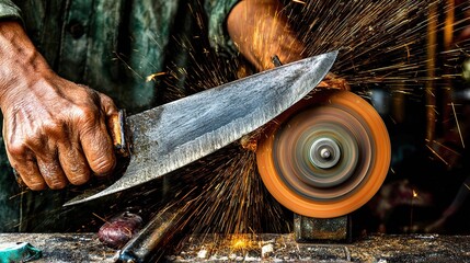 abrasive. Close-up of a grinding wheel sharpening an old knife with flying sparks in an industrial workshop. safety posters.