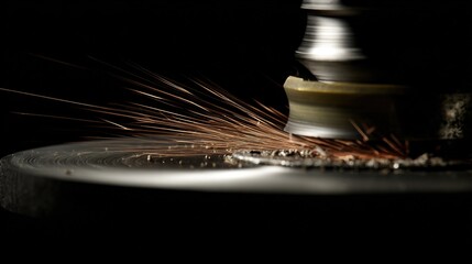 abrasive. Close-up of a grinding wheel sharpening an old knife with flying sparks in an industrial workshop. safety posters.