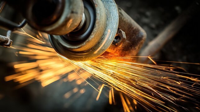 abrasive. Close-up of a grinding wheel sharpening an old knife with flying sparks in an industrial workshop. safety posters.