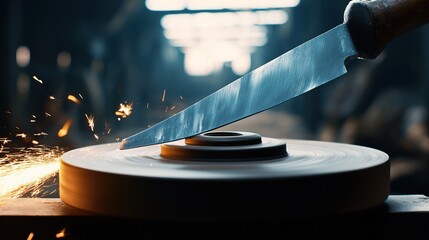 abrasive. Close-up of a grinding wheel sharpening an old knife with flying sparks in an industrial workshop. safety posters.