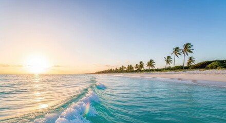 A serene beach scene with palm trees and a calm ocean at sunset.