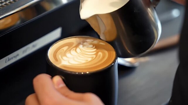 Barista creating intricate latte art in a dark coffee cup