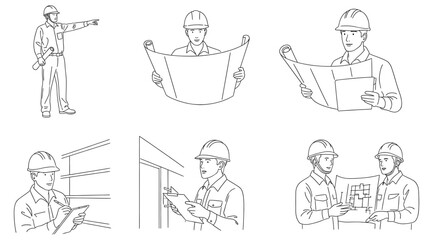 Black-and-white line drawings of six construction workers in safety gear performing tasks like inspecting, planning, and discussing blueprints – ideal for engineering, site management, and industrial 
