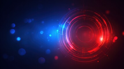 Futuristic technology interface with glowing red circular elements and blue light particles on dark background. Abstract digital design representing innovation, data networks