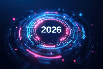 2026 futuristic technology background with glowing blue and pink circular interface elements on dark backdrop. 