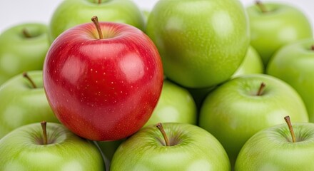 A vibrant red apple amidst a pile of green apples, with a white background.