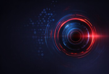 Futuristic red and blue circular technology interface with glowing rings and digital network patterns. Abstract cyber tech background representing data transfer and digital communication concepts.