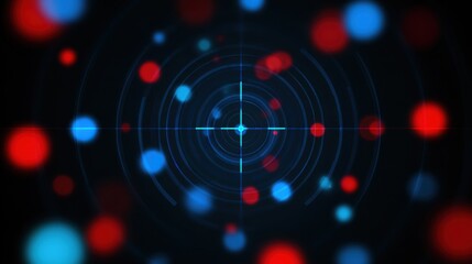 Futuristic radar scanning interface with red and blue target indicators and concentric circles on dark background.