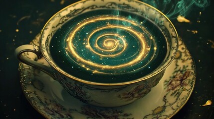 longevity. Vintage coffee cup with an infinite glowing spiral, symbolizing longevity and ritual. bar promotions, beverage menus, designed for food & beverage menus and cafe branding.