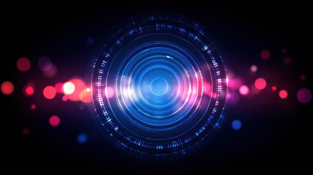 Futuristic blue circular technology interface with red and pink bokeh lights. Abstract digital display representing advanced technology, data visualization and cyber communication concepts. - Powered by Adobe