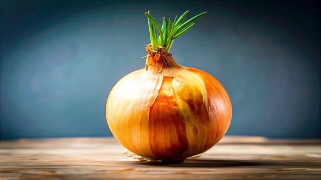 Fresh onion bulb on wooden surface with green sprout and detailed texture